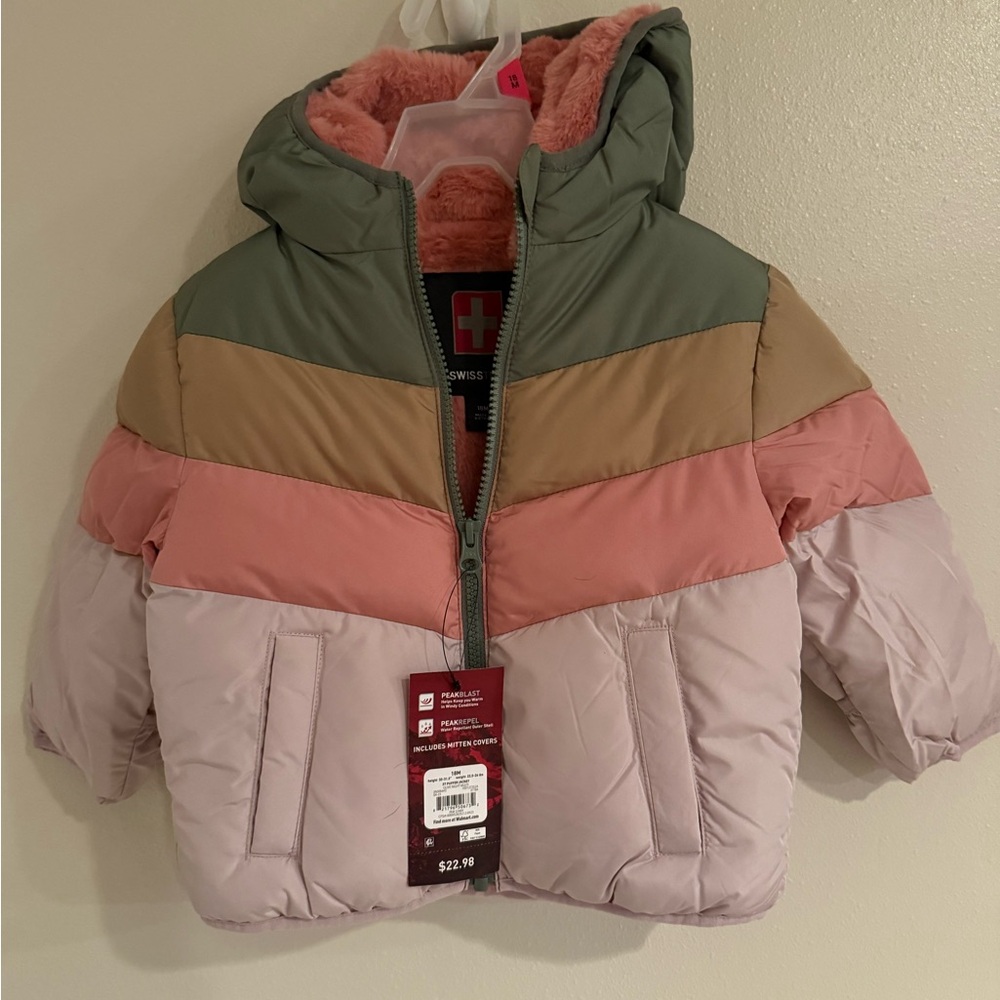 Toddler Girls Coat SIZE 18months. Puffer With Mitten Covers Super Soft Inner.